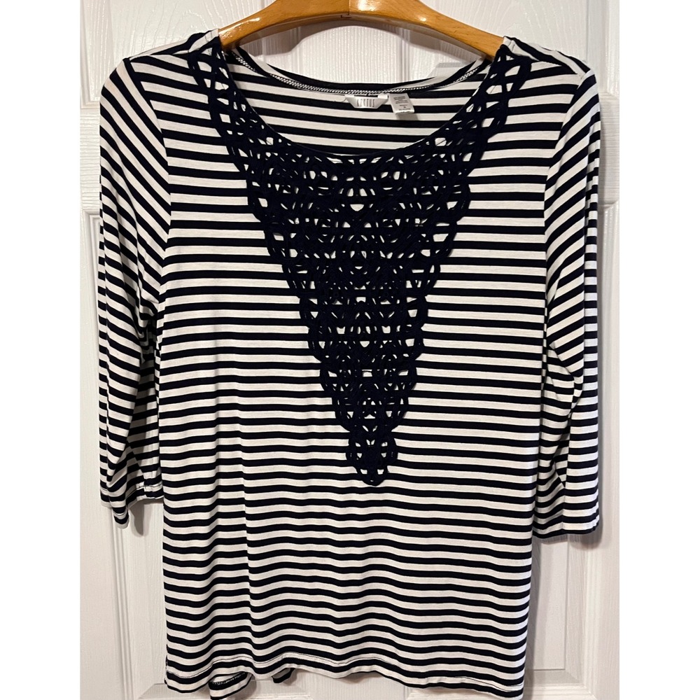 Kaktus Womens XL Navy White Striped 3/4 Sleeve Top Crochet‎ Lace Bib Knit Shirt